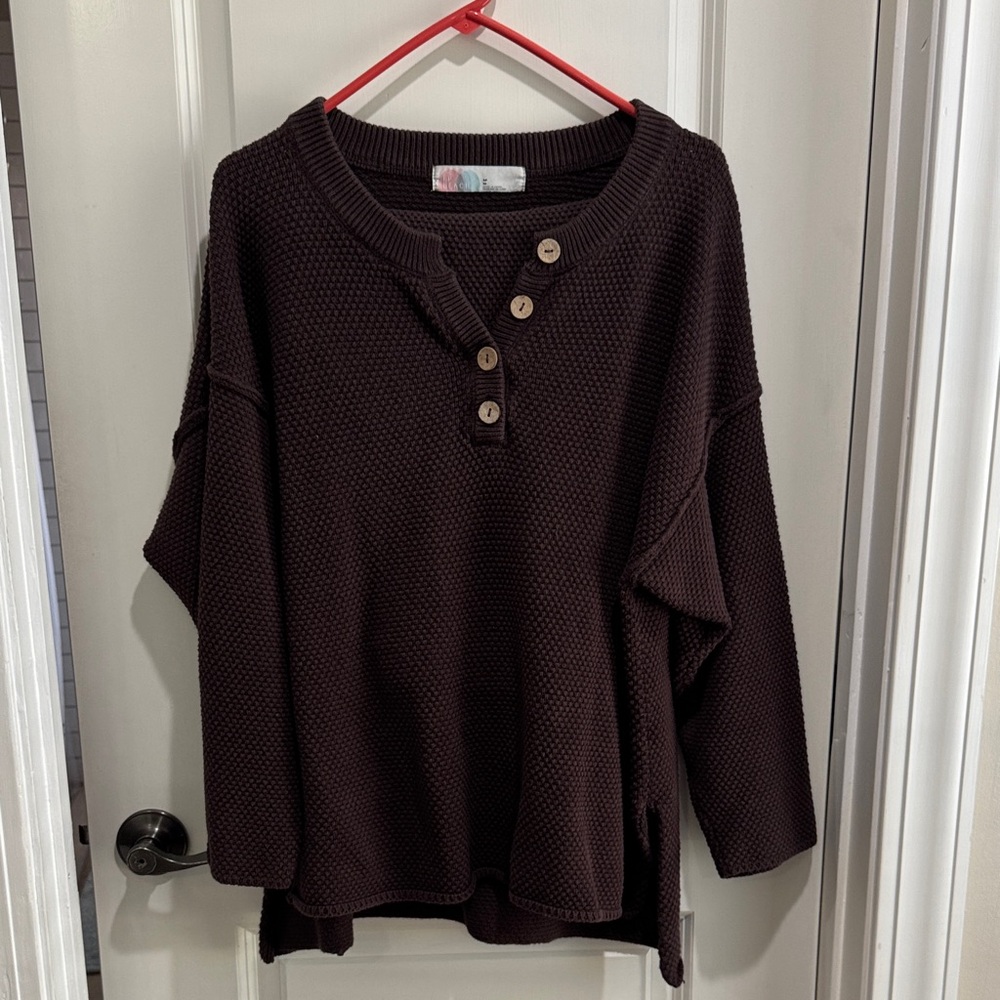 Free People Beach Chocolate Brown Waffle Henley Pullover and pants set